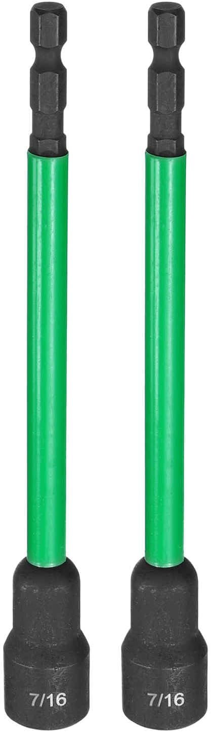 HARFINGTON 2pcs Nut Driver Drill Bit 7/16 Inch SAE Socket 1/4" Hex Shank 6" (150mm) Extra Long Magnetic 6-Point Sockets Quick Change CR-V Steel Bolt Setters for Power Drill Drivers