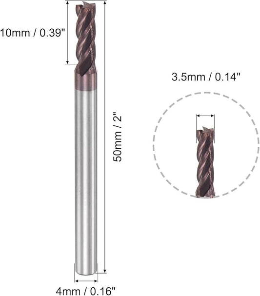 uxcell Square Nose End Mill, 3.5mm Tip Dia Solid Carbide AlTiN Coated CNC Router Bits 4 Flute Spiral Milling Cutter HRC55 with 4mm Shank 50mm (2-inch) Length