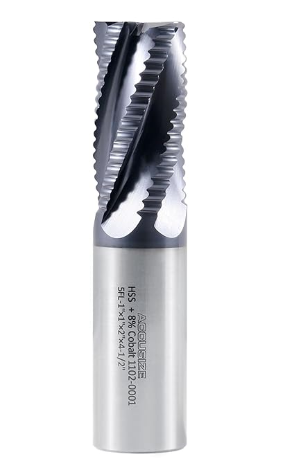 Accusize Industrial Tools 1'' Dia, M42 8% Cobalt Tialn Roughing End Mill, Coarse Tooth, 1'' Shk Dia, 2'' Flt Length, 4-1/2'' Oal, 5 Flute, 1102-0001