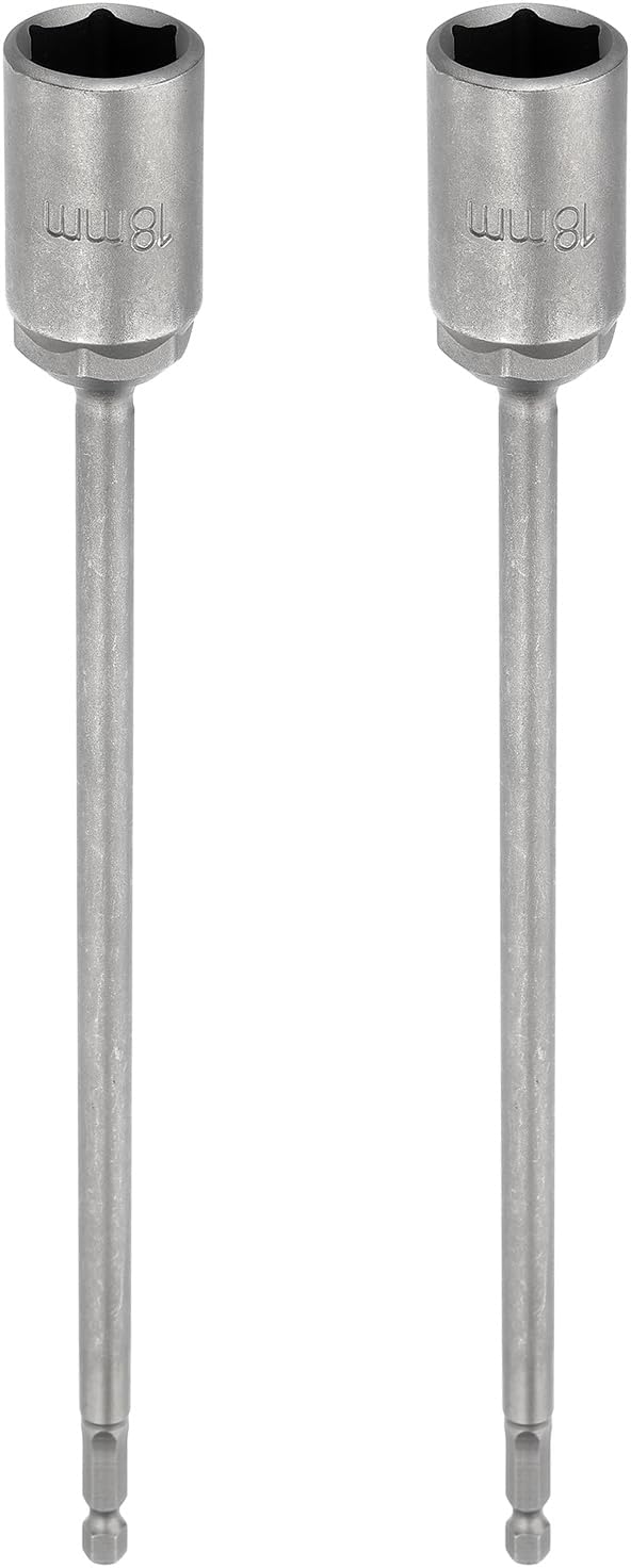 HARFINGTON 2pcs Nut Driver Drill Bit 18mm Metric Socket 1/4" Hex Shank 10" (250mm) Extra Long Magnetic 6-Point Sockets Quick Change 40Cr Steel Bolt Setters for Power Drill Drivers