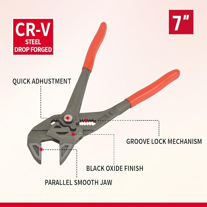 DSCTOOLS Multi-Use Adjustable Plier Wrench, Push Button Quick Adjust Tongue-and-Groove Pliers,Slip Joint Pliers, Plumbing Pliers (7/10/12Inch) (7"/175MM)