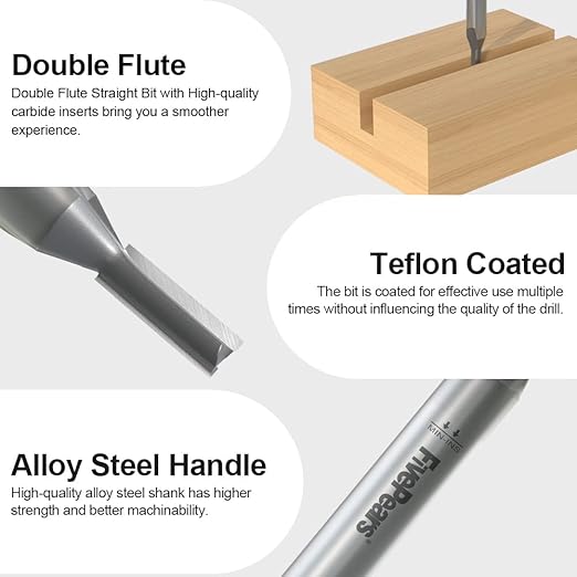 FivePears Straight Router Bits 1/2 Inch Shank Double Flute, 1/4 Inch Cutting Diameter, 3/4 Inch Cutting Length, Used for Create Groove, Dado or Hollow