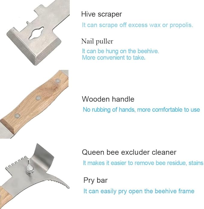 AukBeeFun Multipurpose Steel Hive Tools with Wooden Handle and 7 Functions Beekeeping Hive Scraper Tool Professional Beekeeping Equipment