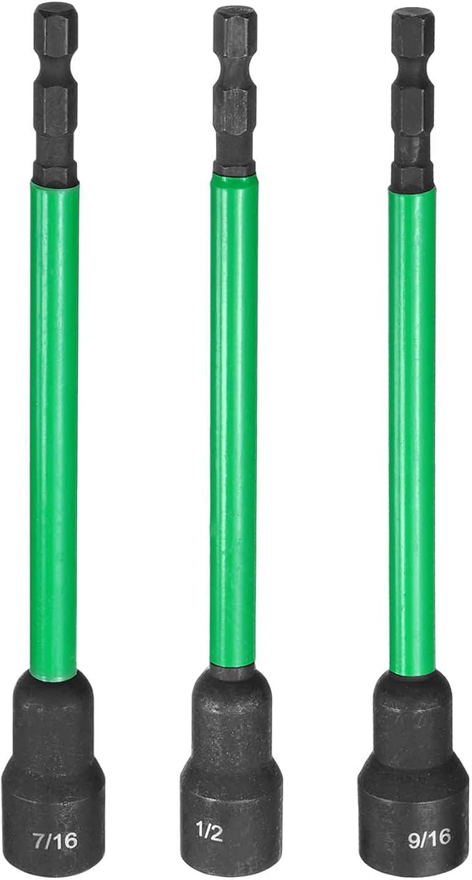 HARFINGTON 3pcs Nut Driver Drill Bit 7/16+1/2+9/16 Inch SAE Socket 1/4" Hex Shank 6" (150mm) Extra Long Magnetic 6-Point Sockets Quick Change CR-V Steel Bolt Setters for Power Drill Drivers