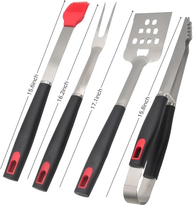 Stainless Stell BBQ Accessories Tool Set with Serrated Edged Spatula?갌ork Brush and Tongs Backyard Outdoor Cooking and Teppanyaki Barbecue Tools Accessories 4-Piece Home Barbecue Set