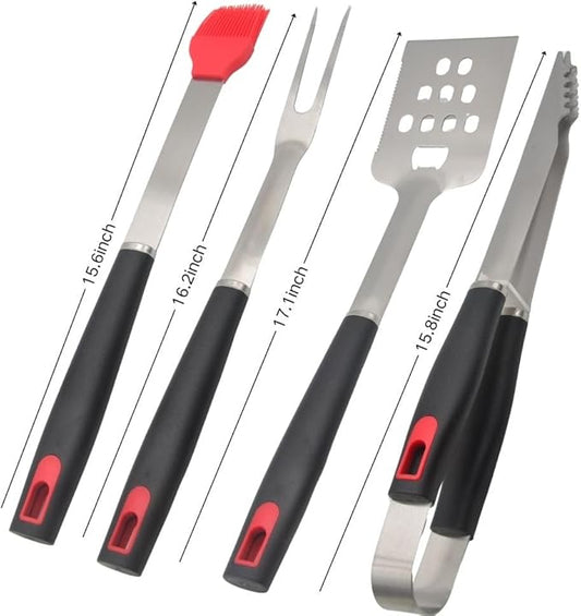 Stainless Stell BBQ Accessories Tool Set with Serrated Edged Spatula?갌ork Brush and Tongs Backyard Outdoor Cooking and Teppanyaki Barbecue Tools Accessories 4-Piece Home Barbecue Set