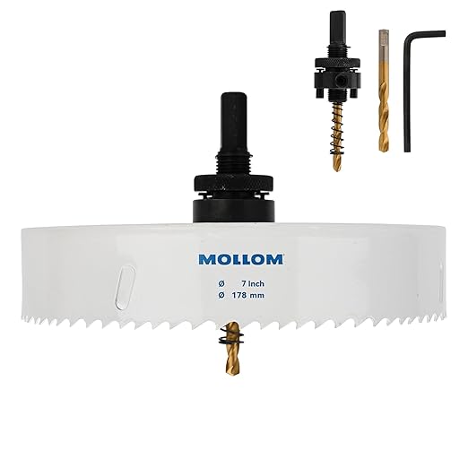 Mollom (178mm | 7") HSS M42 with 8% Cobalt BI-Metal Hole Saw with 2 Pilot Drill Bits & Arbor Smooth Cutting for PVC,Drywall,Wood,Plastic,Gypsum Board,Rubber