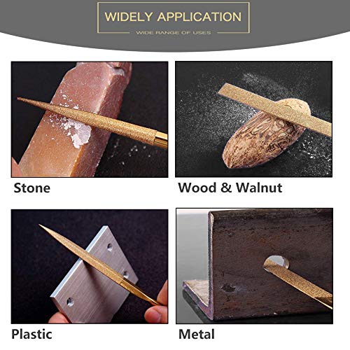 Yakamoz 10 Pcs Titanium Coated Mini Diamond File Set Flat Needle Square Round Triangular Shape Rifler Files for Metal Jewelry Glass Wood Carving Sanding Polishing Tool - 3x140mm