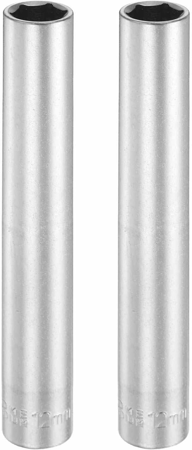 HARFINGTON 2pcs 6 Points Deep Socket 3/8" Drive 12mm Deep Metric CR-V Steel Polished Nickel Plating Flip Sleeve 120mm / 4.7" Extra Long Socket Tool for Home Auto Nuts Bolts Repair