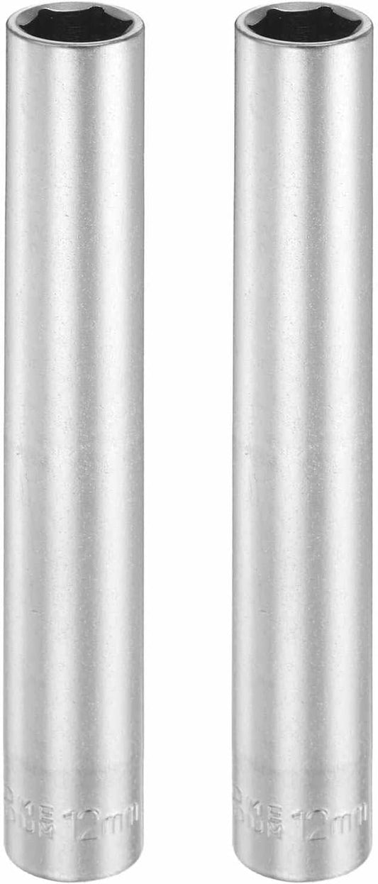 HARFINGTON 2pcs 6 Points Deep Socket 3/8" Drive 12mm Deep Metric CR-V Steel Polished Nickel Plating Flip Sleeve 120mm / 4.7" Extra Long Socket Tool for Home Auto Nuts Bolts Repair