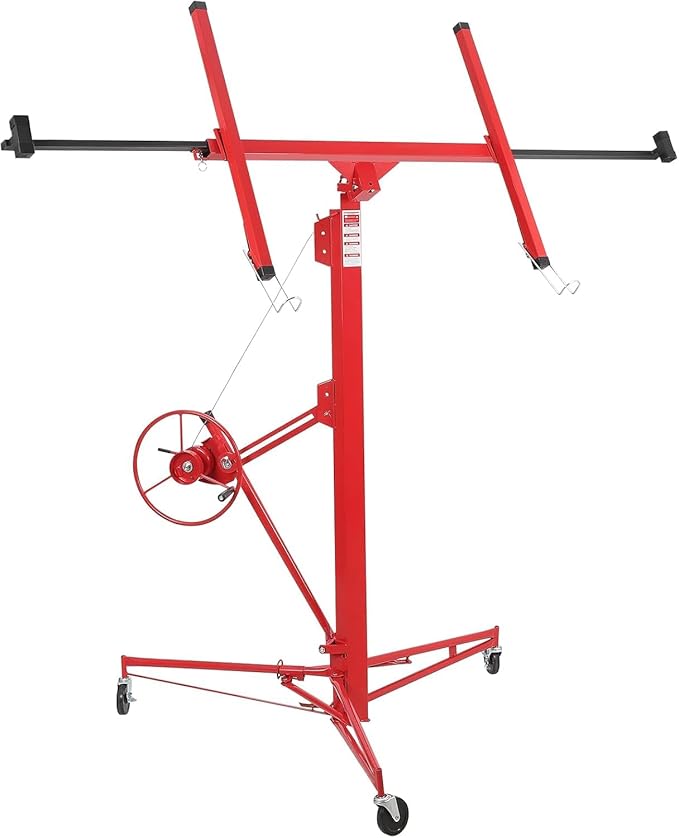 11 FT Drywall Lift Panel Rolling Hoist Jack Lifter, Sheetrock Lift Drywall Lift, Foldable Adjustable Drywall Jack Lift for Ceiling and Walls and Home Improvement, with 3 Lockable Wheels, Red