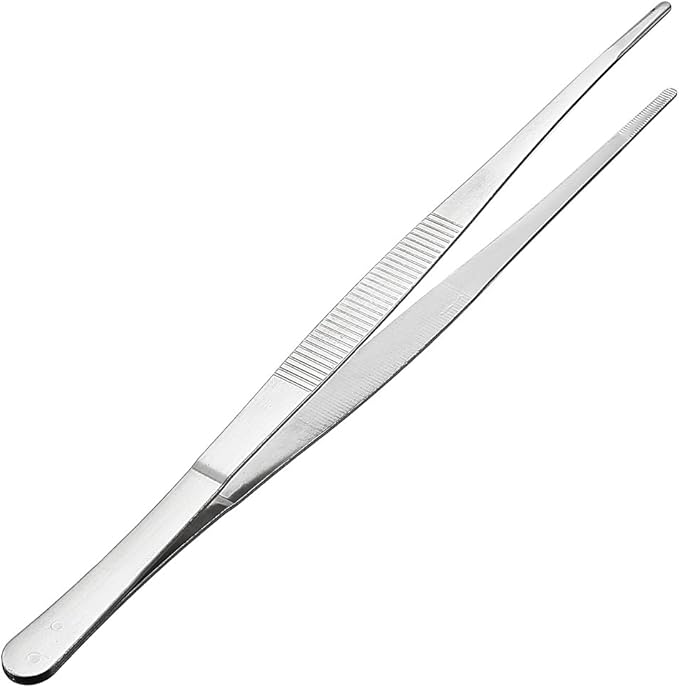 uxcell 1 Pcs 10-Inch Stainless Steel Straight Blunt Tweezers Serrated Tip Daily Garden Tool