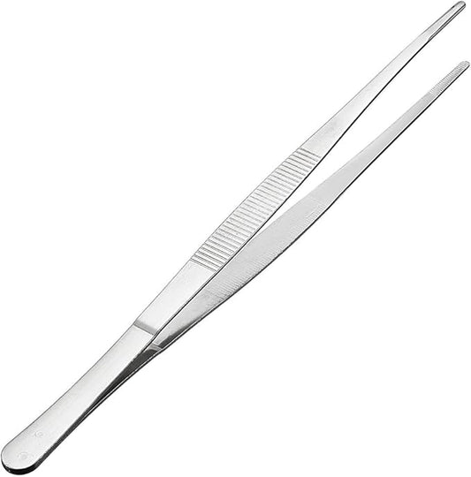 uxcell 1 Pcs 10-Inch Stainless Steel Straight Blunt Tweezers Serrated Tip Daily Garden Tool