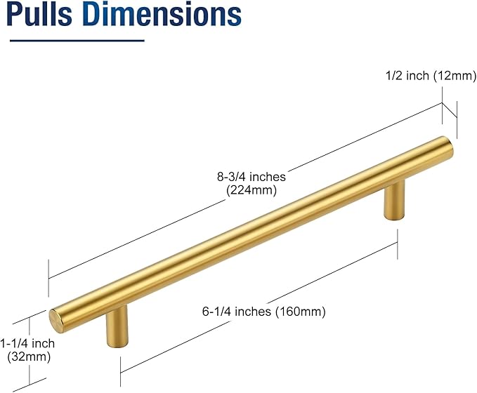 JOY DECOR 20 Pack 8-13/16 Inch Cabinet Pulls Kitchen Cabinet Handles with 6-1/4 Inch Hole Center Brushed Brass Cabinet Hardware Stainless Steel Kitchen Drawer Pulls 160mm Hole Centers