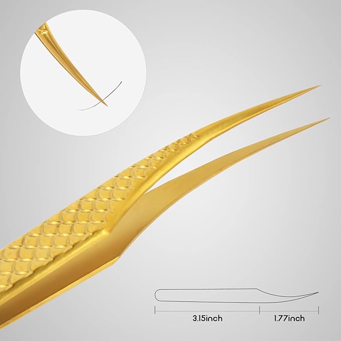 FEITA Diamond Grip Eyelash Extensions Tweezer Lash Precision Tweezers, Japanese Steel Dolphin-shaped Tip, False Lashes Application Tools, Gold 1Pc