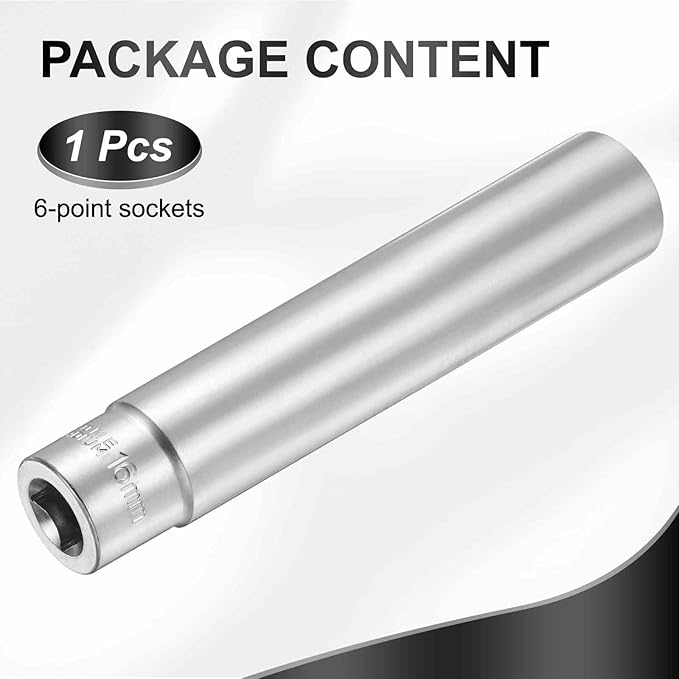 HARFINGTON 6 Points Deep Socket 3/8" Drive 16mm Deep Metric CR-V Steel Polished Nickel Plating Flip Sleeve 120mm / 4.7" Extra Long Socket Tool for Home Auto Nuts Bolts Repair