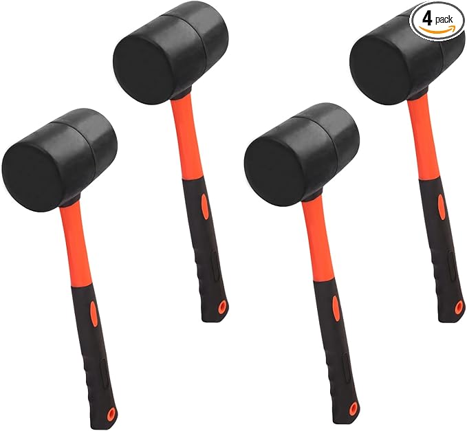  4 PCS 27 OZ Rubber Mallet, Rubber Hammer Head, Rubber Mallet Set With Black-Orange Fiberglass Handle Perfect For Wood, Metal, Plastic, Glass, And Ceramics. By GENHAKON