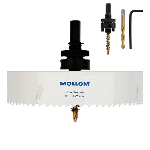 Mollom (159mm | 6-1/4") HSS M42 with 8% Cobalt BI-Metal Hole Saw with 2 Pilot Drill Bits & Arbor Smooth Cutting for PVC,Drywall,Wood,Plastic,Gypsum Board,Rubber