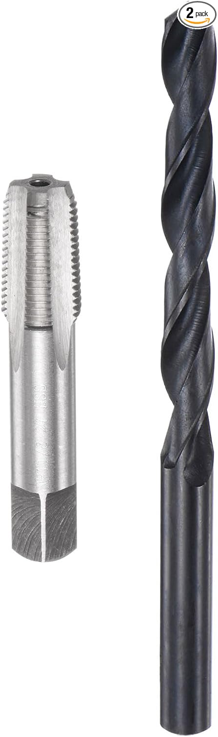 uxcell Tap and Drill Bit Set, 1/8-27 NPT Thread Tap & 21/64" Black Oxide Twist Drill Bit, Straight Flute Tap Tapping Threading Repair Tool Kit