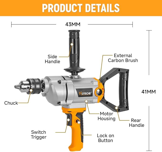 Hoteche 9.2-Amp Electric Drill, 5/8-Inch Chuck with Spade Handle & Extra Side Handle