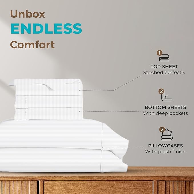 Silentnight Split California King Sheets for Adjustable Beds 5-Piece Split California King Sheet Set, 800 Thread Count 100% Egyptian Cotton,21" Deep Pocket Adjustable Bed Sheets, White Stripe