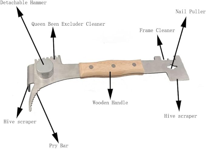 AukBeeFun Multipurpose Steel Hive Tools with Wooden Handle and 7 Functions Beekeeping Hive Scraper Tool Professional Beekeeping Equipment