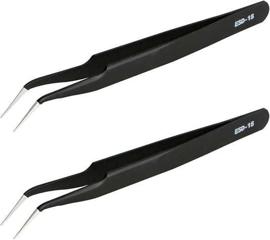 Aoje-Link ESD-15 Professional Anti-Static Precision Technology Tweezers, Non-magnetic Fine Tip Curved, Stainless Steel Plastic Coated, Full Length 120mm, Black, 2pcs