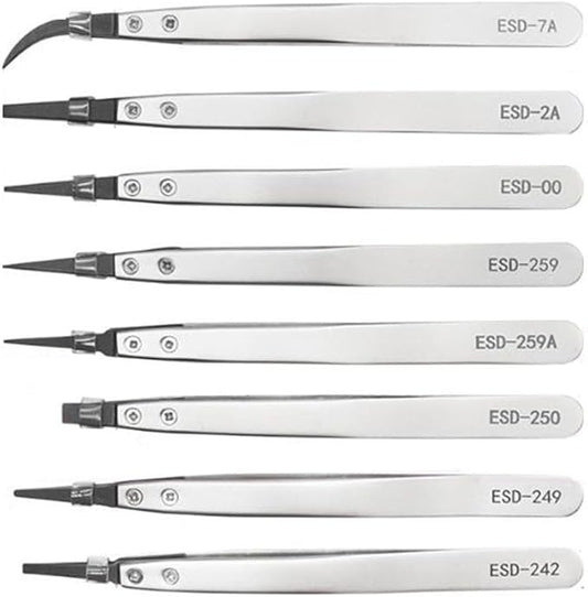 Precision Anti-Static ESD Tweezers for Electronics Repair, Industrial Metal Tweezers for Circuit Board, Mobile Phone, and Clock Maintenance, Silver Black Color(ESD-242)