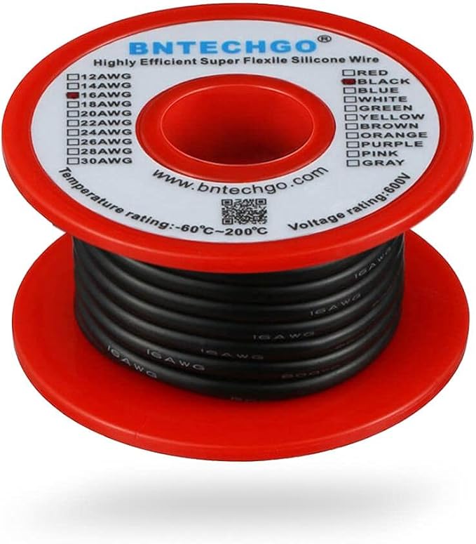 BNTECHGO 16 Gauge Silicone Wire Spool 25 ft Black Flexible 16 AWG Stranded Tinned Copper Wire