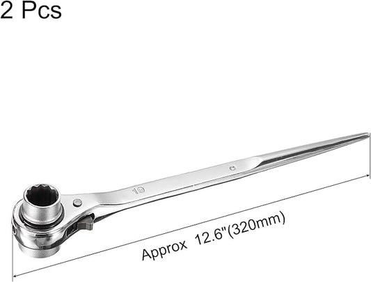 uxcell 19 x 24mm 12-Point Scaffold Podger Ratchet Spanner Ratcheting Socket Wrench Tool (Silver Tone) 2pcs