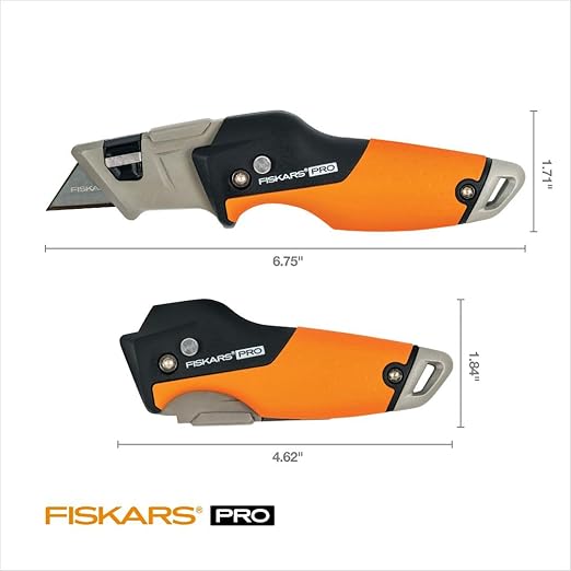 Fiskars Pro Retractable Folding Utility Knife, Box Cutter with Long-Lasting CarbonMax Razor Blade and Dual Lock Safety, Orange/Black