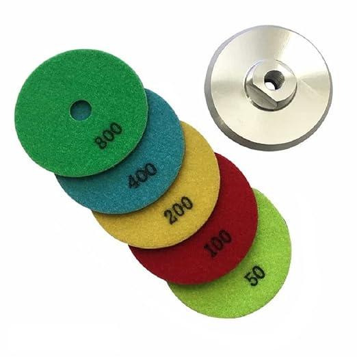 4" Dry Stone Polishing Pads Set (50, 100, 200, 400, 800 Grit with Metal Backer) - for Granite, Marble, Concrete Countertops