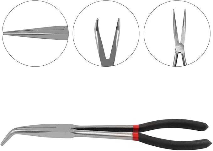 3 Pcs Needle Nose Pliers Set11 Inch Carbon Steel Long Reach Pliers Non-slip Straight 25째/45째/90째 Bent Nose O-Shaped Circle Pliers for Machinist Engineer Narrow Spaces