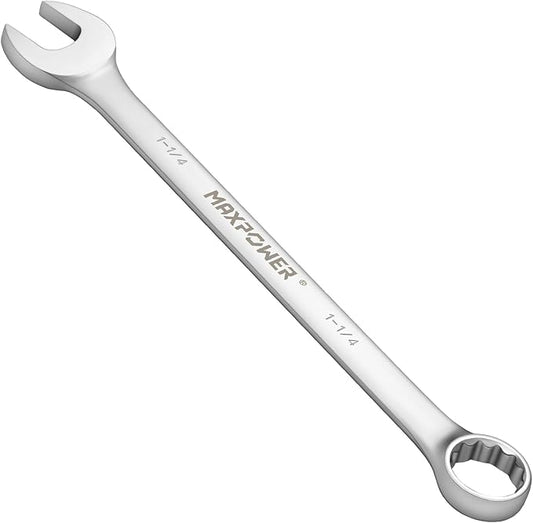 MAXPOWER 1-1/4 Inch Combination Wrench, Industrial Grade Spanners with 12 Point Box End, Durable Chrome Vanadium Steel with Off Corners Design, 15 Degree Offset - SAE