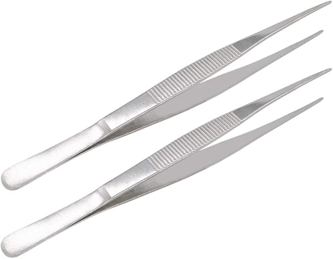 8 Inch Stainless Steel Tweezers with Straight Serrated Tip Multipurpose Forceps for Craft Repairing 2 Pack
