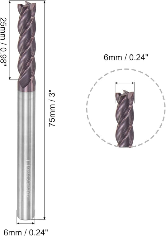 uxcell Square Nose End Mill, 6mm Tip Dia Solid Carbide AlTiN Coated CNC Router Bits 4 Flute Spiral Milling Cutter HRC55 with 6mm Shank 75mm (3-inch) Length