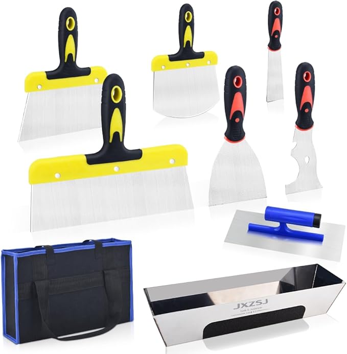 Drywall Knife Set, 9 Pieces Stainless Steel Drywall Hand Tool Kit Includes Taping Knife, Putty Knives, Finishing Trowel, Paint Scraper, 14in Stainless Steel Mud Pan, Blue handbag