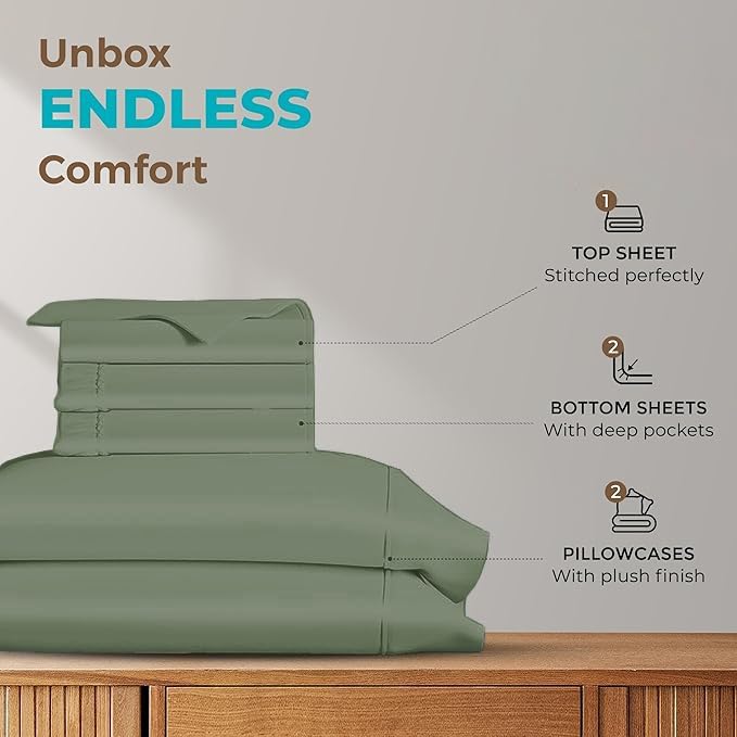 Split Queen Sheets for Adjustable Beds 5-Piece Split Queen Sheet Set, 800 Thread Count 100% Egyptian Cotton,18" Deep Pocket Adjustable Bed Sheets, Sage Solid