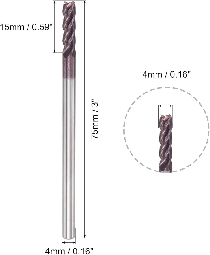 uxcell Square Nose End Mill, 4mm Tip Dia Solid Carbide AlTiN Coated CNC Router Bits 4 Flute Spiral Milling Cutter HRC55 with 4mm Shank 75mm (3-inch) Length