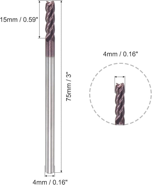 uxcell Square Nose End Mill, 4mm Tip Dia Solid Carbide AlTiN Coated CNC Router Bits 4 Flute Spiral Milling Cutter HRC55 with 4mm Shank 75mm (3-inch) Length