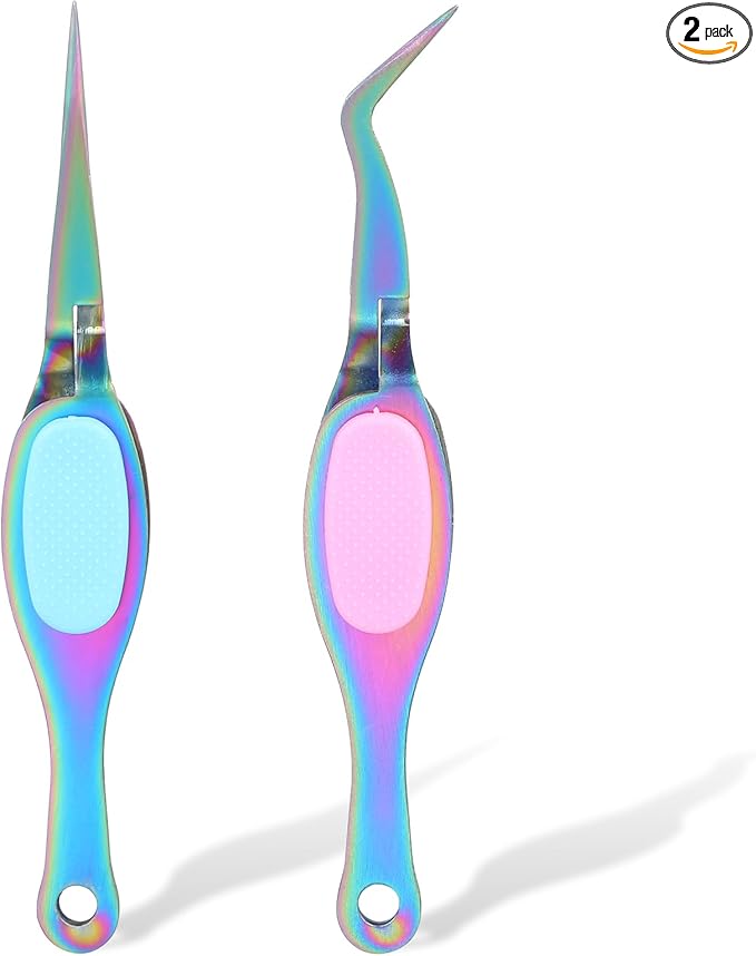 2PCS Stainless Steel Precision Tweezers Set, Soft Grip Reverse Tweezers with Curved and Straight Tips for DIY Crafting, Jewelry Making, Beading, Laboratory Tasks, Needle Nose Tweezers