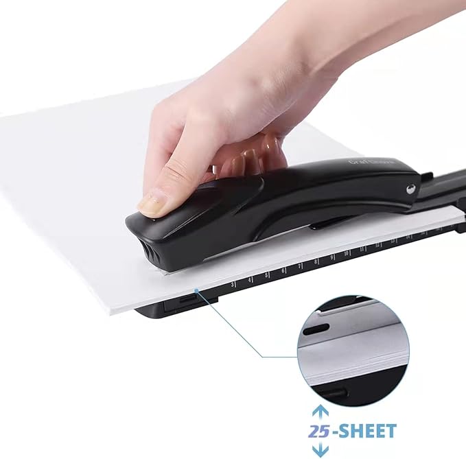 Long Reach Stapler,with 2000 Staples & Stapler Remover Full Strip竊?0-25 Sheet Capacity,with Built-in Ruler and Adjustable Locking Paper Guide, Black