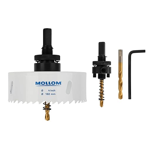 Mollom (102mm | 4") HSS M42 with 8% Cobalt BI-Metal Hole Saw with 2 Pilot Drill Bits & Arbor Smooth Cutting for PVC,Drywall,Wood,Plastic,Gypsum Board,Rubber