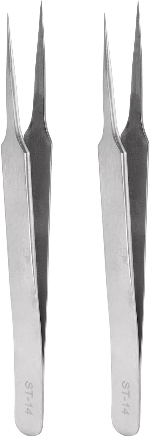 HARFINGTON 2pcs ST-14 Precision Tweezers 121mm Pointed Anti-corrosion Stainless Steel Craft Professional Tweezer for Replace Precision Parts Technology Industrial Electronics