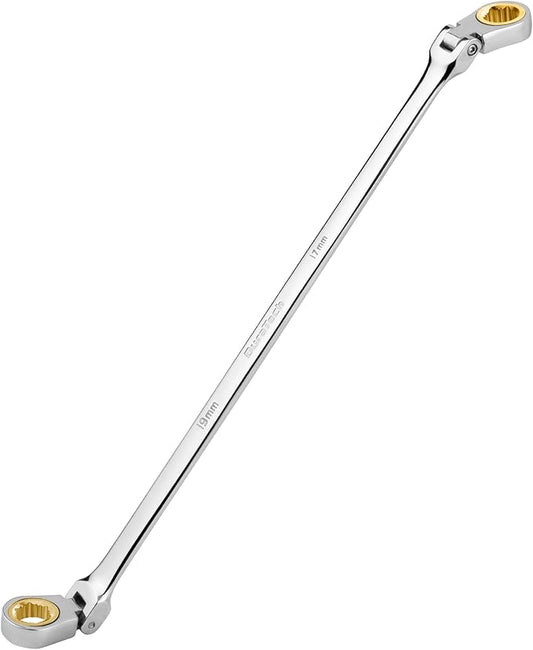 DURATECH 17 * 19 mm Extra Long Anti-Slip Flex-Head Ratcheting Wrench, Metric, CR-V Steel