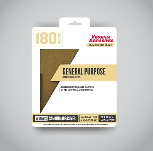 Virginia Abrasives 9??x 11??General Purpose Sandpaper Sanding Sheets, 180 grit, 20 Pack