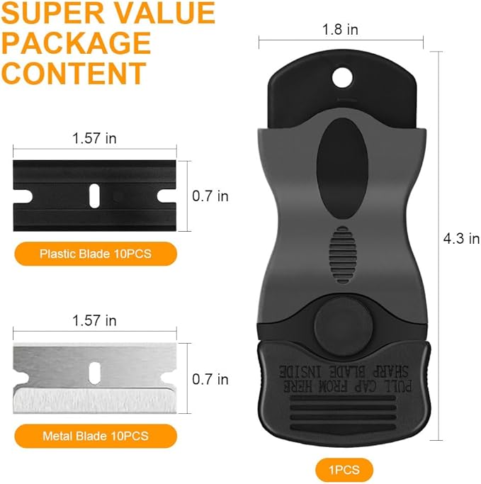 Ainiv Razor Blade Scraper, 2-in-1 Scraper Tool with 10PCS Metal Blades and 10PCS Plastic Blades, Multi-funtional Cleaning Razor Scraper for Decals, Stickers, Labels, Caulk, Adhesive, Paint Removal