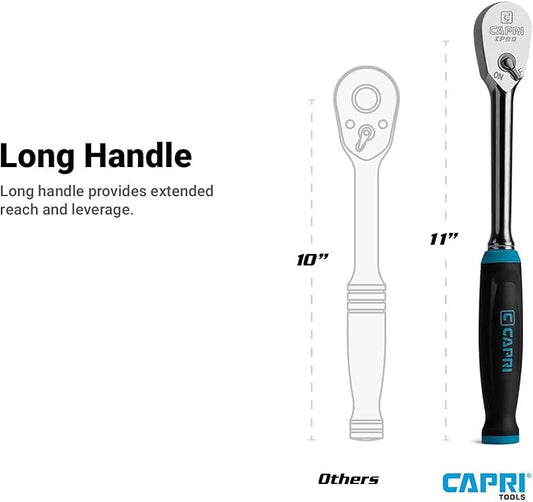 Capri Tools 1/2 in. Drive Fine 90-Tooth Ratchet, Ergonomic Soft Grip, 11 in. Long