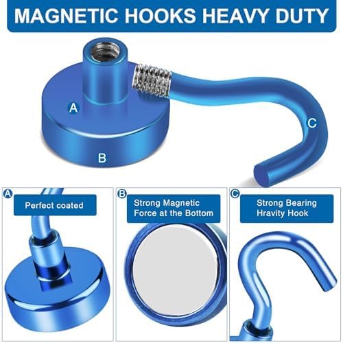 LOVIMAG Magnetic Hooks for Cruise Cabins, 85lbs Blue Magnetic Hooks for Classroom, Strong Magnets with Hooks for Hanging, Neodymium Magnet Hooks for Fridge, Ceiling, Locker, Camper, Travel-25 Pcs