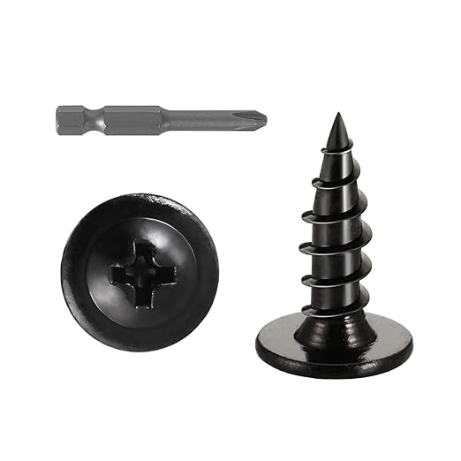 #10 x 5/8" (150 PCS) Modified Truss Head Wood Screws, Phillips Drive Quick Metal Self Tapping Screws, Black Coating, Full Thread, Screwdriver Bit Included